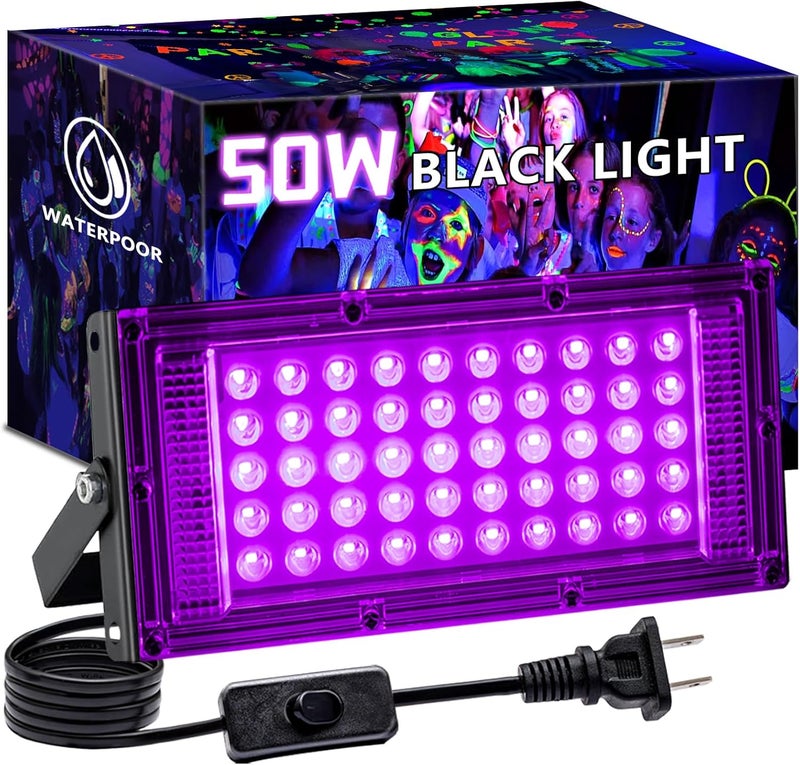Akpgf عبوة واحدة 50 واط ضوء أسود، ضوء أسود LED مع قابس أمريكي ومفتاح، أضواء سوداء للحفلات المتألقة والنيوون، عيد الهالوين، رسم الجسم، حفلة عيد الميلاد، الرسم الفلوري والسجاد - Image 1